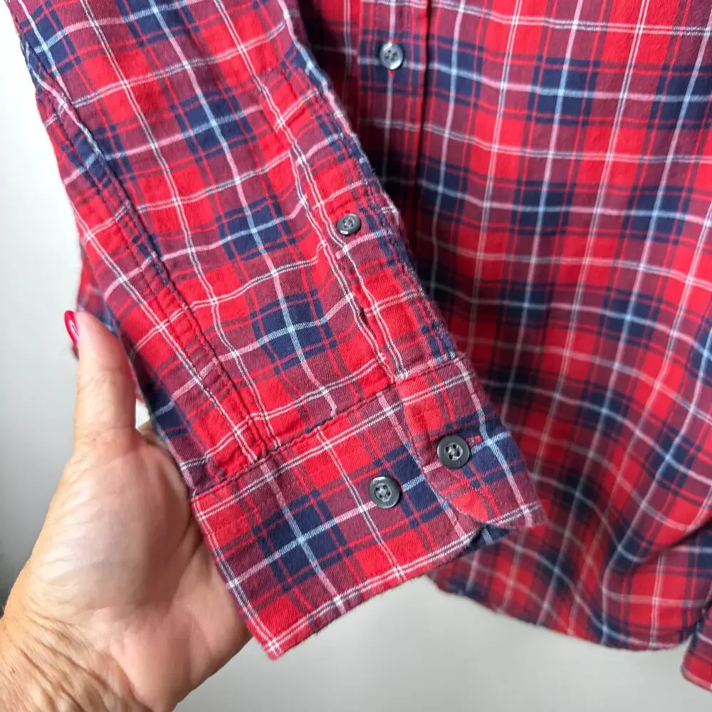 Banana Republic Men's Red Blue Plaid Button Down Cotton Shirt Medium Lined‎